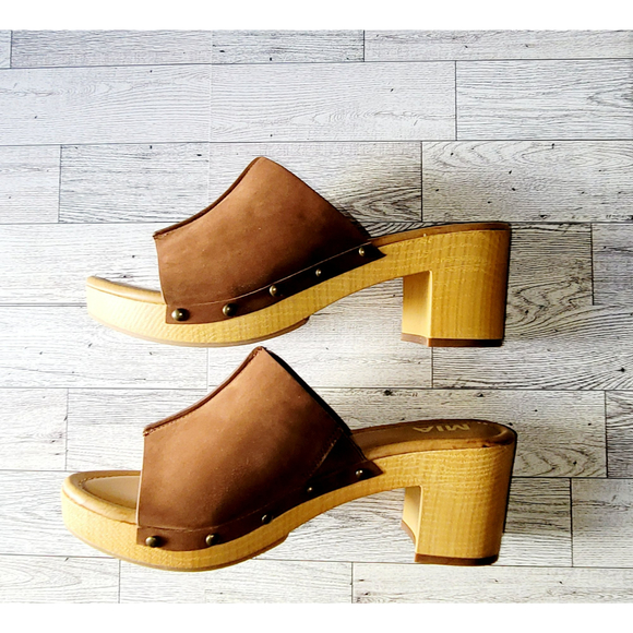 Mia Chunky Wood Bottom Open Peep Brown Casual Summer Sandals Women 9 - Picture 5 of 11